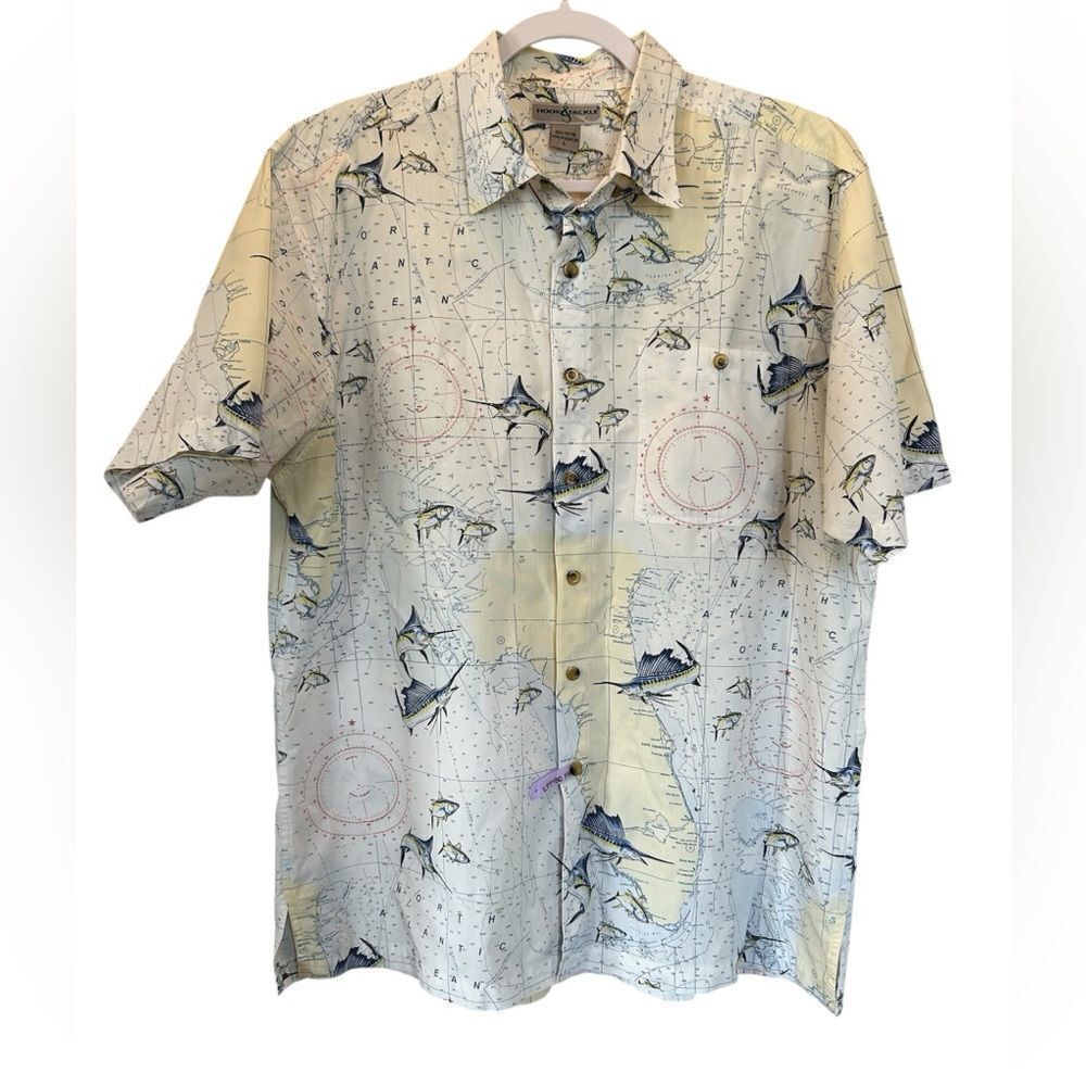 Vintage Hook & Tackle All Over Print Marlin Map Casual Shirt 100% Cotton L